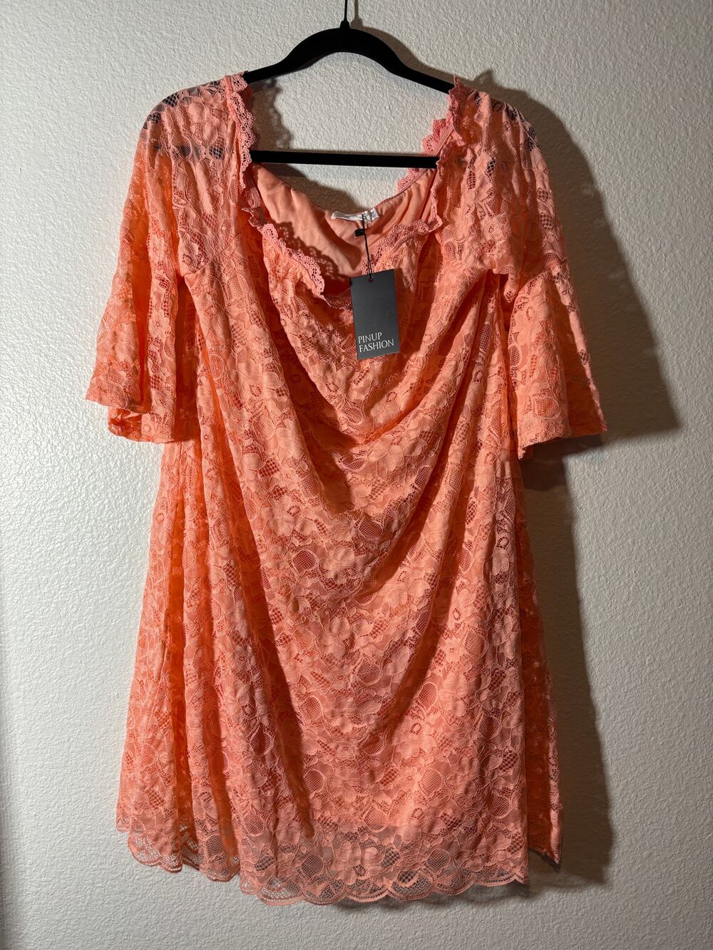 Pinup Fashion NWT Size 16W Peach Lace Short Bell Sleeves Boat Neck Shift Dress